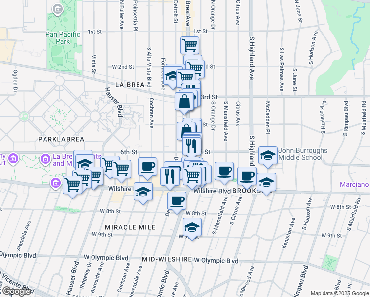 map of restaurants, bars, coffee shops, grocery stores, and more near 460 South La Brea Avenue in Los Angeles