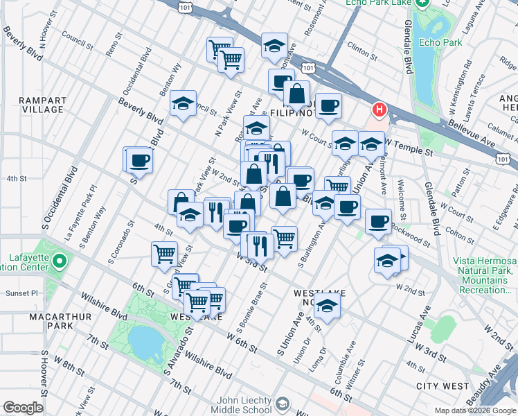 map of restaurants, bars, coffee shops, grocery stores, and more near 152 South Mountain View Avenue in Los Angeles