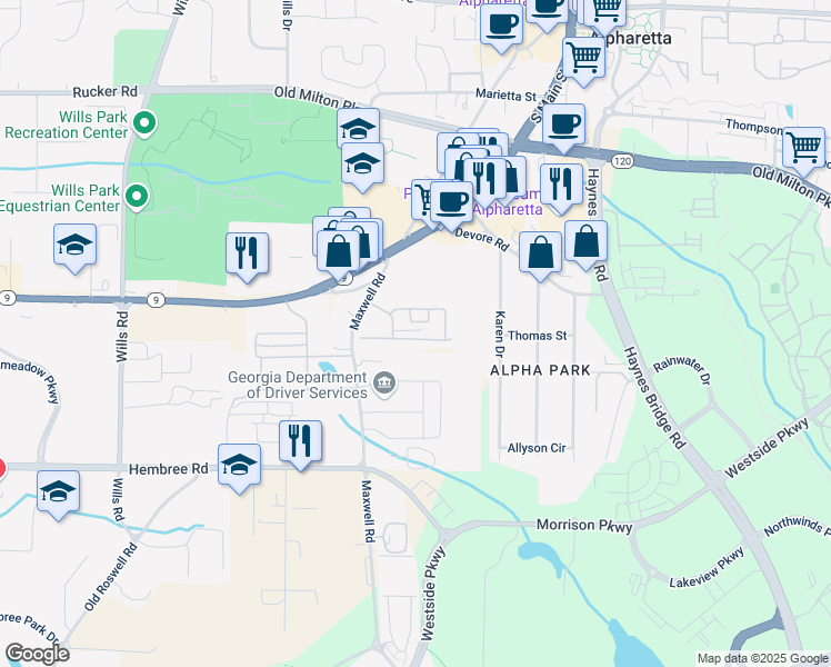 map of restaurants, bars, coffee shops, grocery stores, and more near 1240 Kilmington Court in Alpharetta