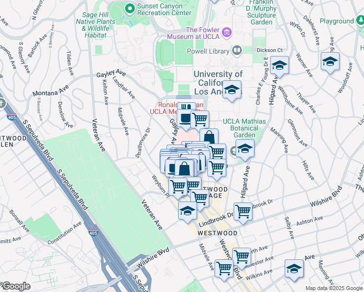 map of restaurants, bars, coffee shops, grocery stores, and more near Medical Plaza Driveway in Los Angeles