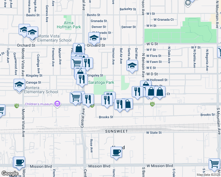 map of restaurants, bars, coffee shops, grocery stores, and more near 10390 Vernon Avenue in Montclair