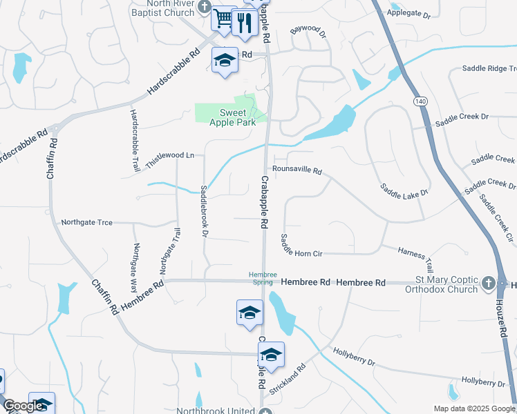 map of restaurants, bars, coffee shops, grocery stores, and more near 11700 Crabapple Road in Roswell
