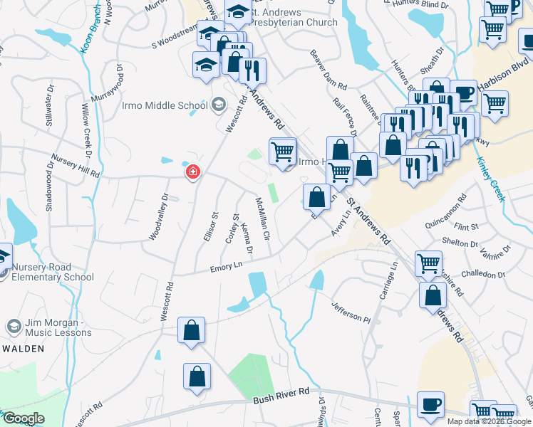 map of restaurants, bars, coffee shops, grocery stores, and more near 5904 McMillan Circle in Columbia