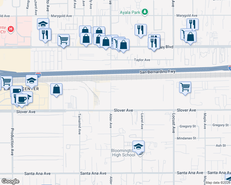 map of restaurants, bars, coffee shops, grocery stores, and more near 10397 Alder Avenue in Bloomington