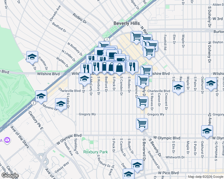 map of restaurants, bars, coffee shops, grocery stores, and more near 9601 Charleville Boulevard in Beverly Hills