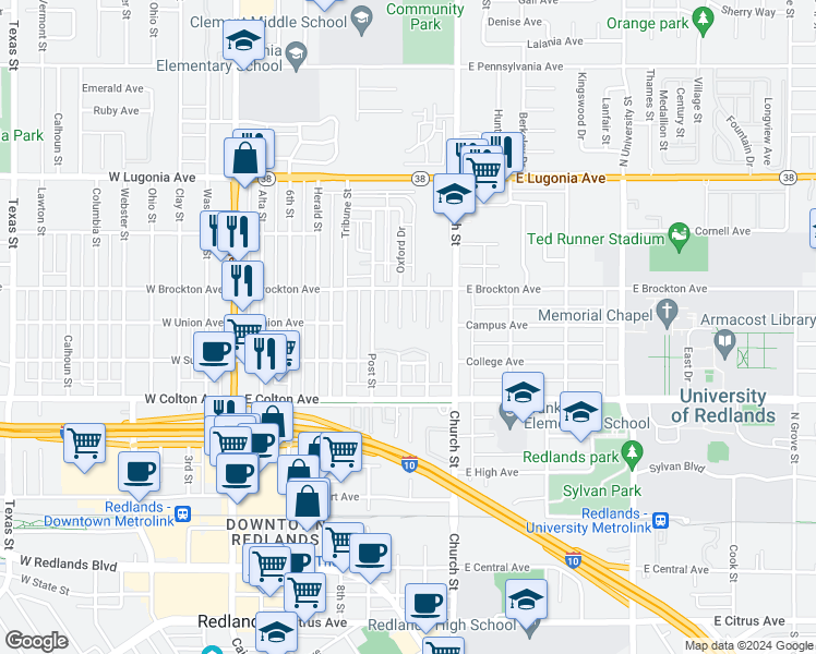 map of restaurants, bars, coffee shops, grocery stores, and more near 944 Oxford Drive in Redlands