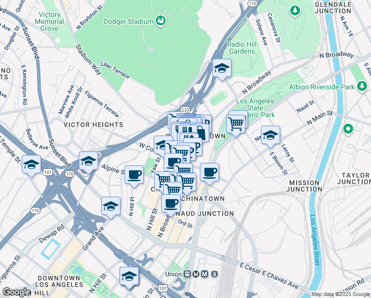map of restaurants, bars, coffee shops, grocery stores, and more near 913 North Broadway in Los Angeles