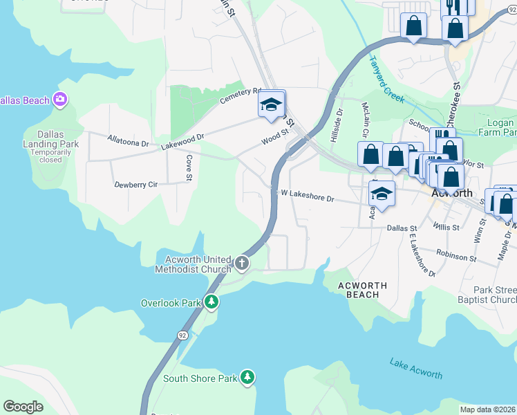 map of restaurants, bars, coffee shops, grocery stores, and more near 4613 Saddle Gate Lane in Acworth