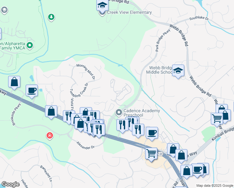 map of restaurants, bars, coffee shops, grocery stores, and more near 12006 Summerwood Lane in Alpharetta