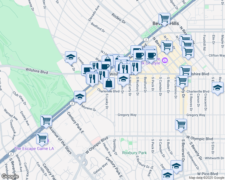 map of restaurants, bars, coffee shops, grocery stores, and more near 153 South Spalding Drive in Beverly Hills