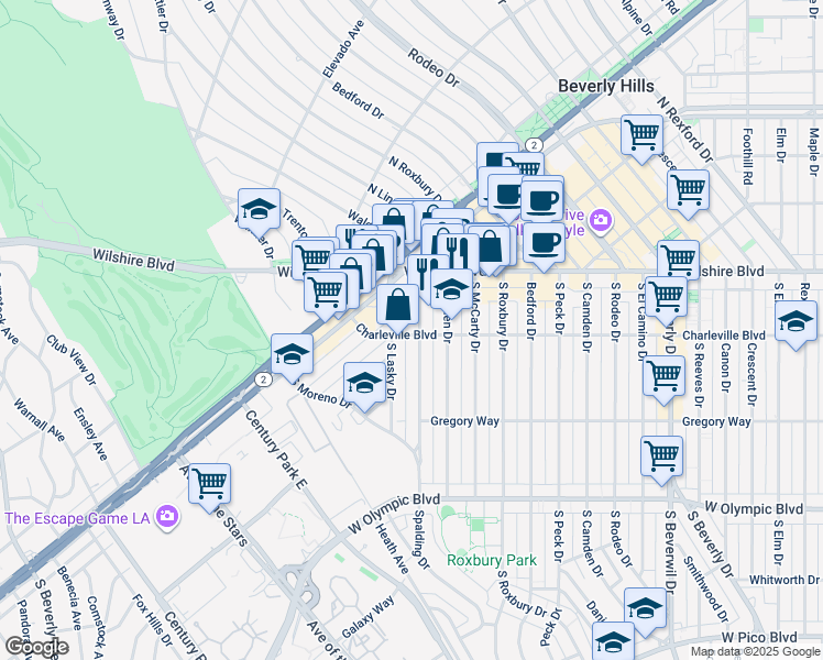 map of restaurants, bars, coffee shops, grocery stores, and more near 153 South Spalding Drive in Beverly Hills