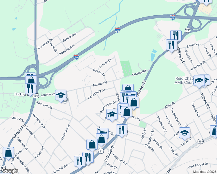 map of restaurants, bars, coffee shops, grocery stores, and more near 1027 Cokesbury Drive in Columbia