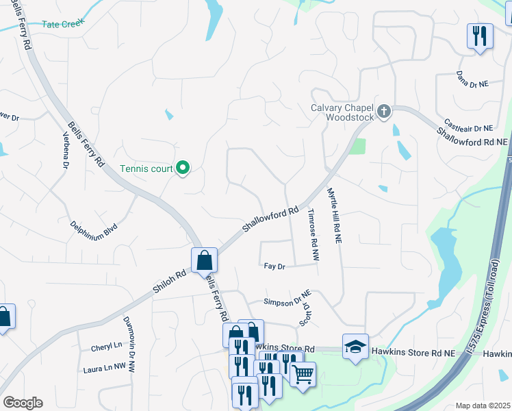 map of restaurants, bars, coffee shops, grocery stores, and more near 4653 North Springs Road Northwest in Kennesaw