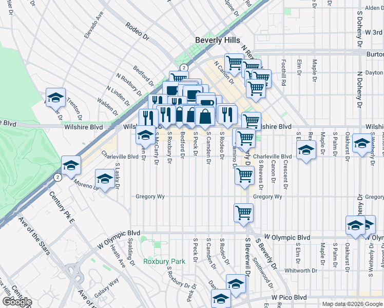 map of restaurants, bars, coffee shops, grocery stores, and more near 9601 Charleville Boulevard in Beverly Hills