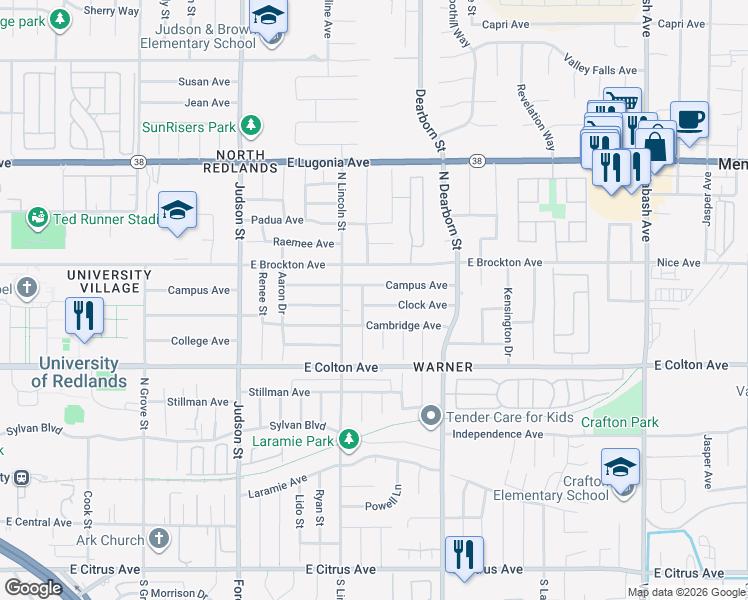 map of restaurants, bars, coffee shops, grocery stores, and more near 1529 Clock Avenue in Redlands