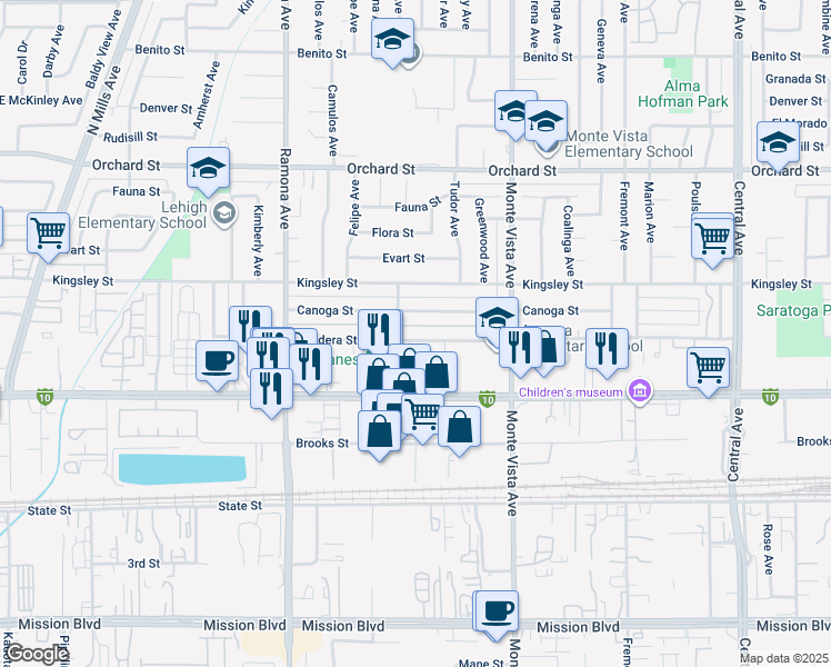map of restaurants, bars, coffee shops, grocery stores, and more near 4720 Bandera Street in Montclair