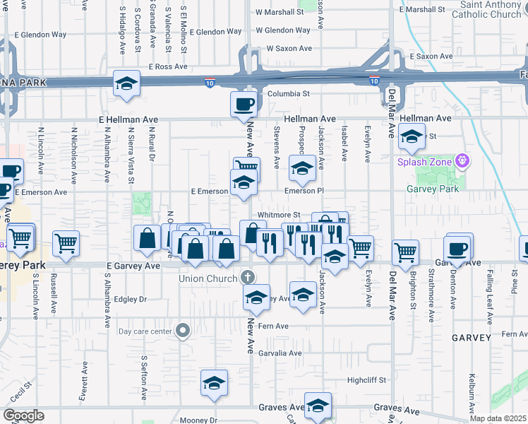 map of restaurants, bars, coffee shops, grocery stores, and more near 1117 Whitmore Street in Monterey Park