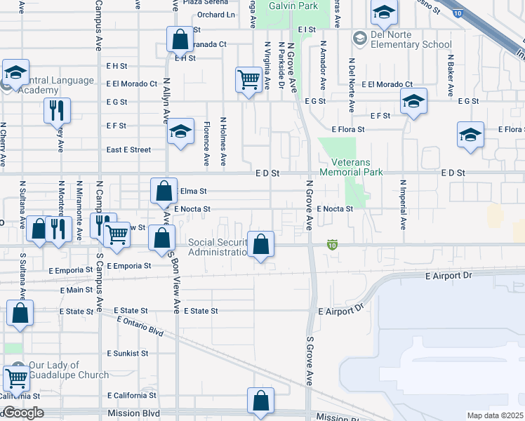 map of restaurants, bars, coffee shops, grocery stores, and more near 1110 East Nocta Street in Ontario