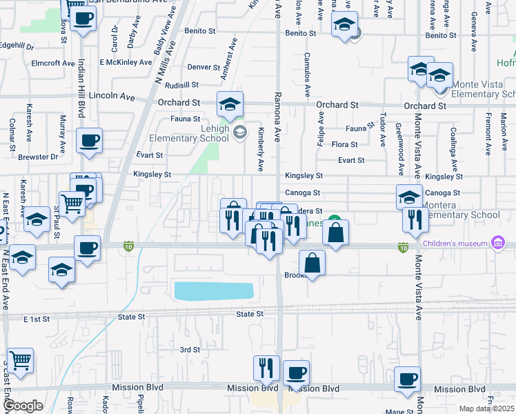 map of restaurants, bars, coffee shops, grocery stores, and more near 4444 Bandera Street in Montclair