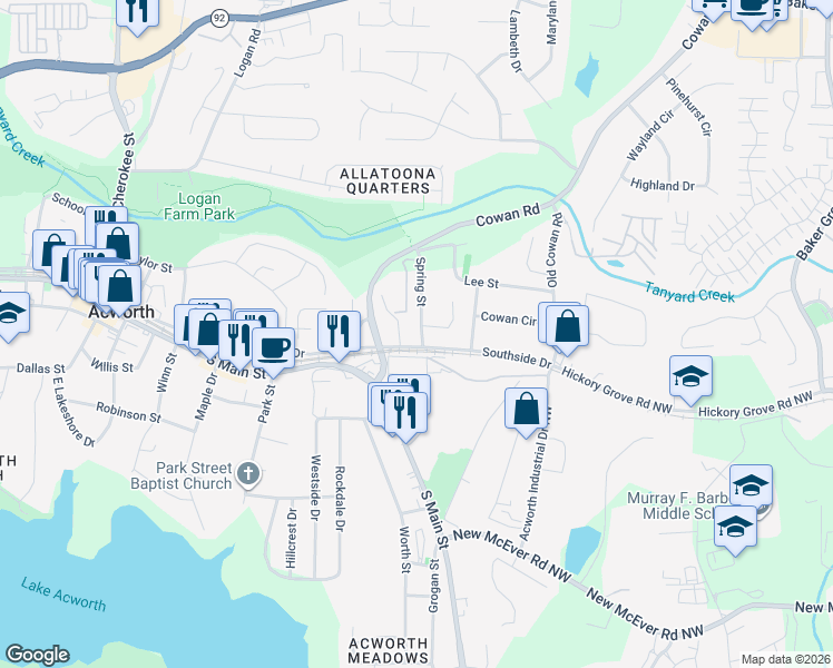 map of restaurants, bars, coffee shops, grocery stores, and more near 4565 Spring Street in Acworth