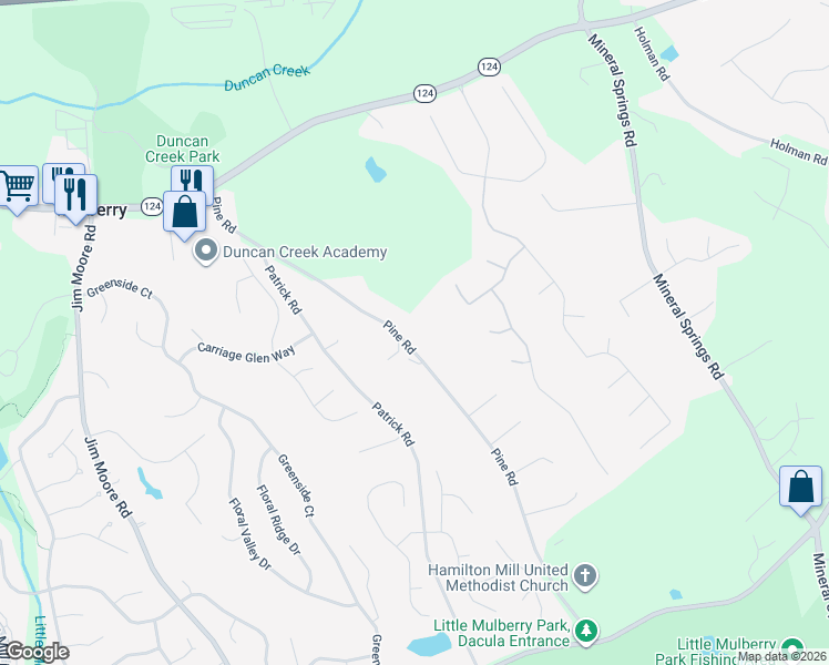 map of restaurants, bars, coffee shops, grocery stores, and more near 1894 Pine Road in Dacula