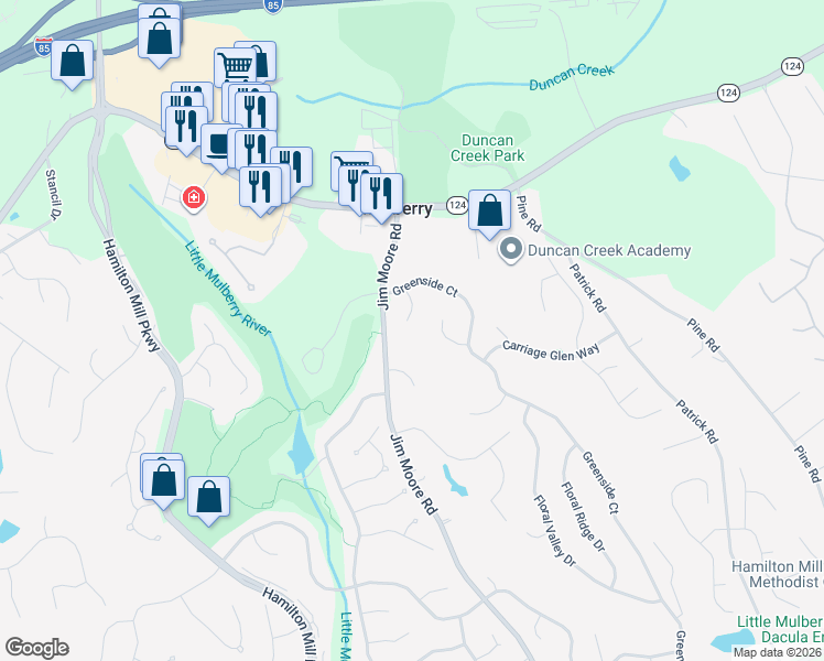 map of restaurants, bars, coffee shops, grocery stores, and more near 4149 Highglen Trace Northeast in Dacula