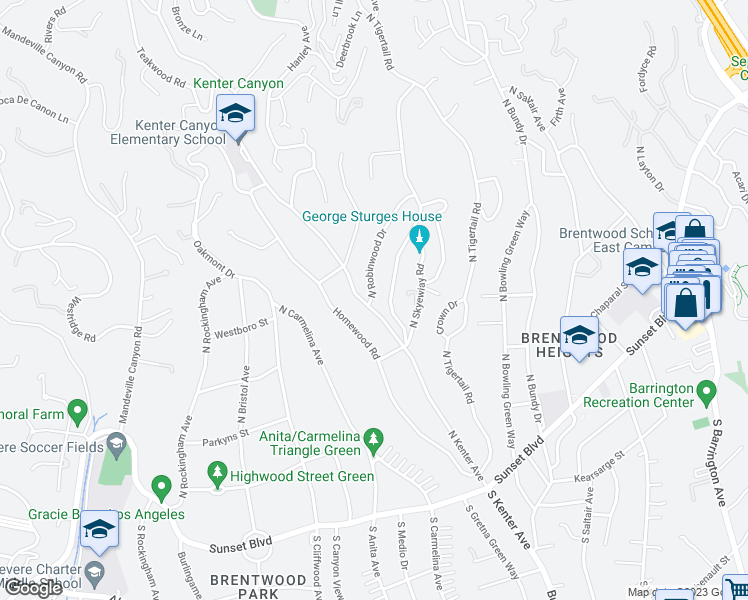 map of restaurants, bars, coffee shops, grocery stores, and more near 366 North Kenter Avenue in Los Angeles