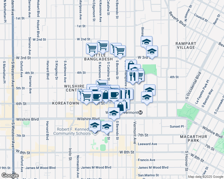 map of restaurants, bars, coffee shops, grocery stores, and more near 500 South Catalina Street in Los Angeles