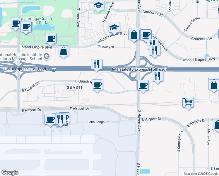 map of restaurants, bars, coffee shops, grocery stores, and more near 3266-3314 East Guasti Road in Ontario