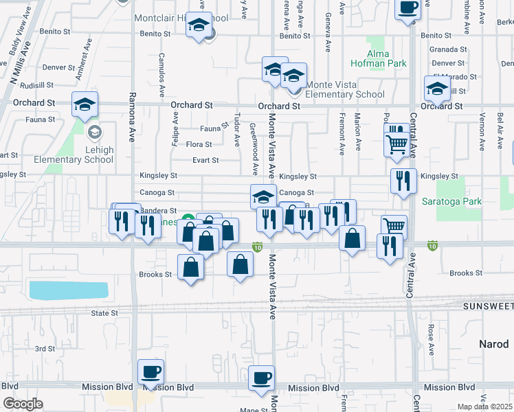 map of restaurants, bars, coffee shops, grocery stores, and more near 4860 Bandera Street in Montclair