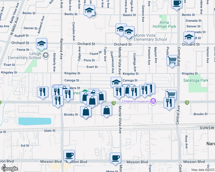 map of restaurants, bars, coffee shops, grocery stores, and more near 4790 Bandera Street in Montclair