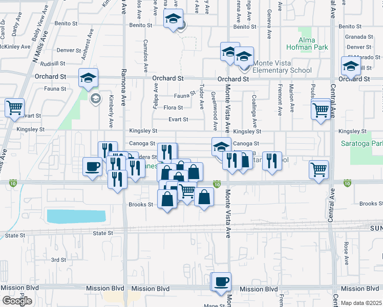 map of restaurants, bars, coffee shops, grocery stores, and more near 4720 Bandera Street in Montclair