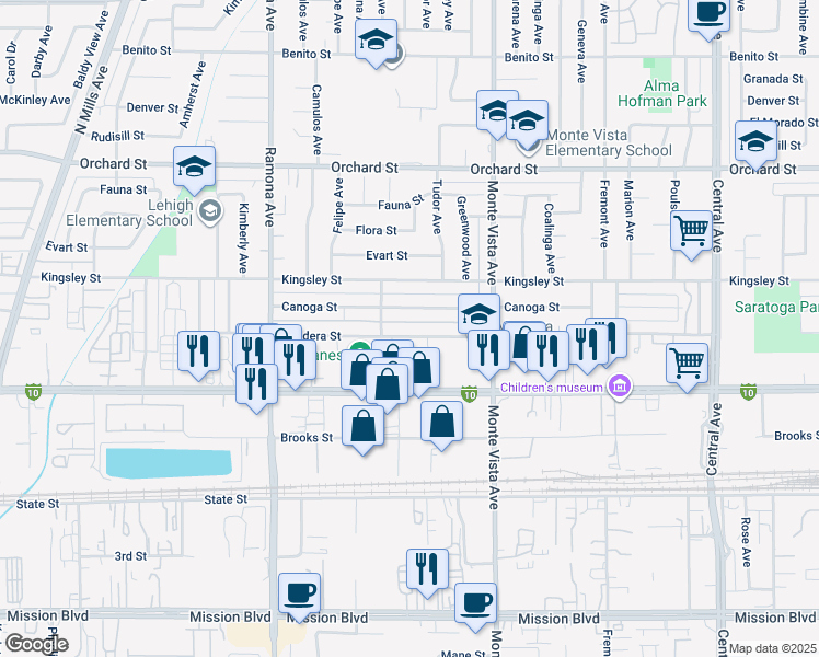 map of restaurants, bars, coffee shops, grocery stores, and more near 4720 Bandera Street in Montclair