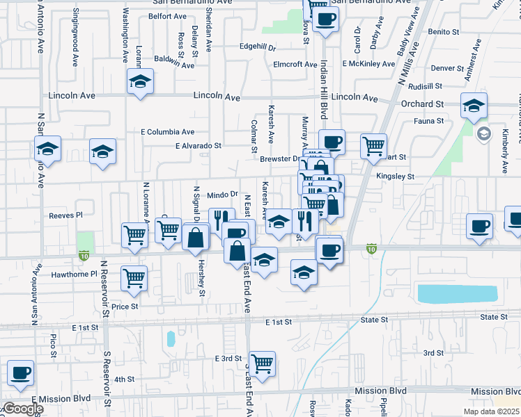 map of restaurants, bars, coffee shops, grocery stores, and more near 639 Karesh Avenue in Pomona
