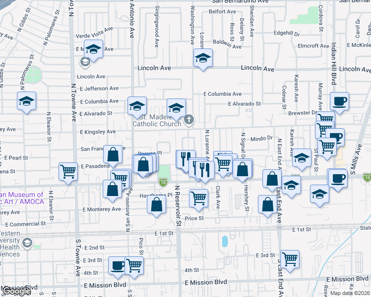 map of restaurants, bars, coffee shops, grocery stores, and more near 678 North Reservoir Street in Pomona