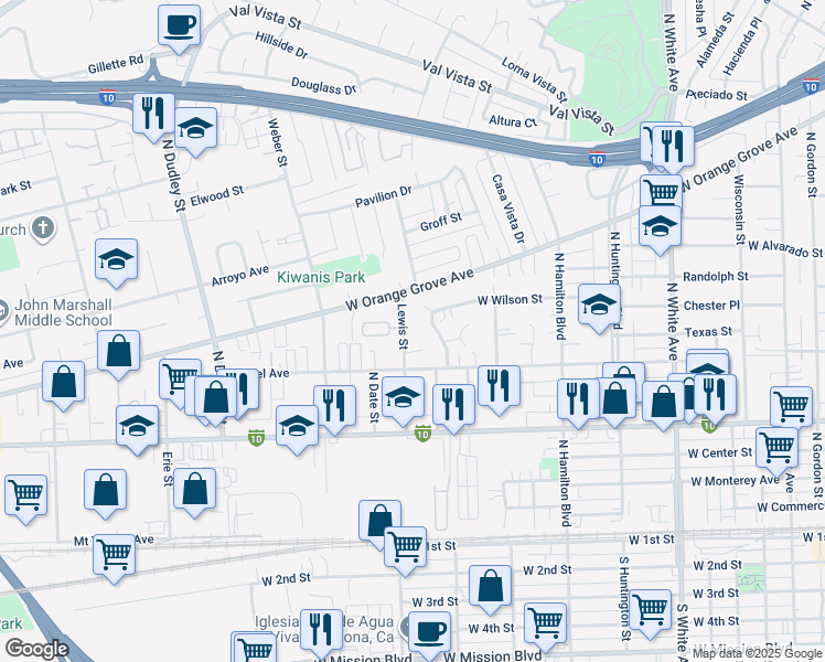 map of restaurants, bars, coffee shops, grocery stores, and more near 744 Lewis Street in Pomona
