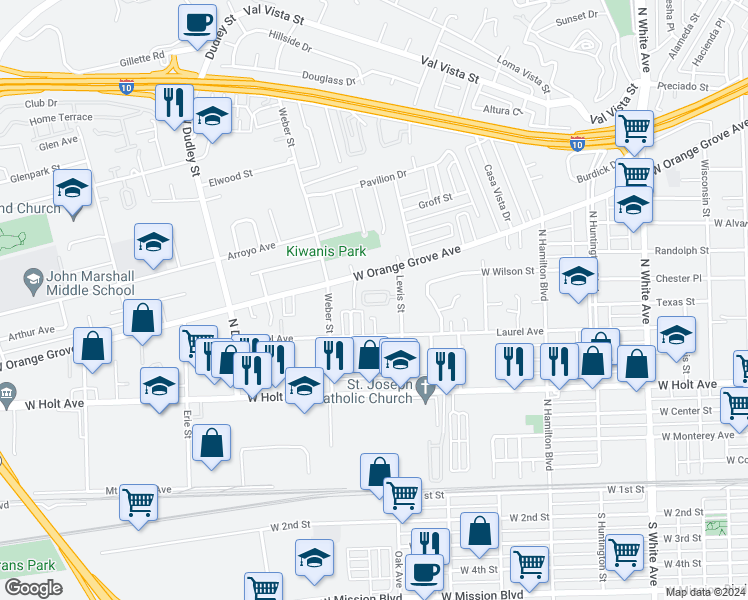 map of restaurants, bars, coffee shops, grocery stores, and more near 1269 Bayport Circle in Pomona