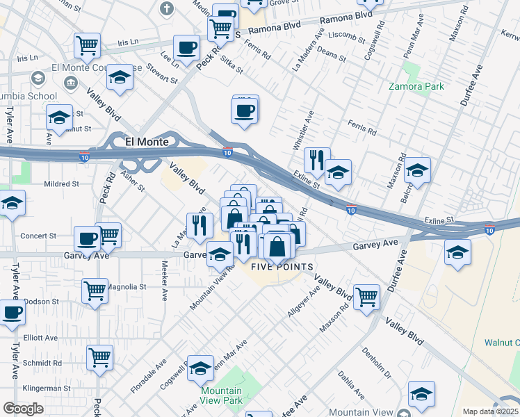 map of restaurants, bars, coffee shops, grocery stores, and more near 3141 Mountain View Road in El Monte