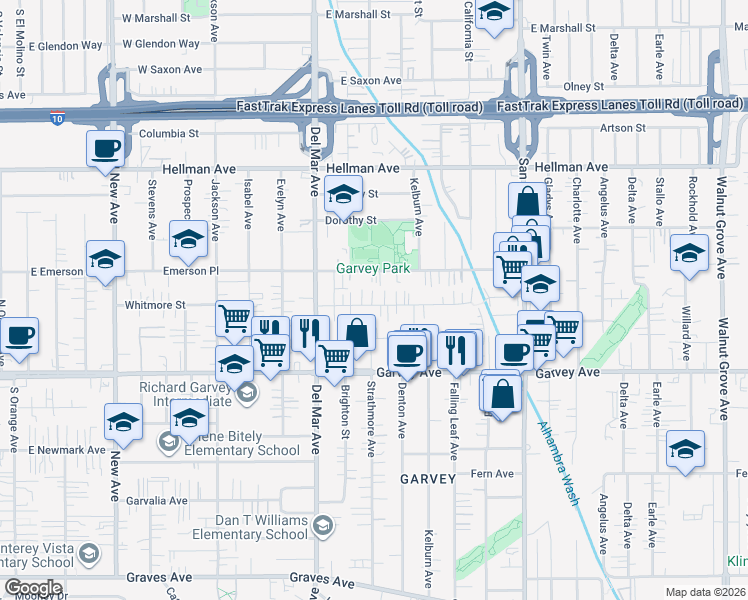 map of restaurants, bars, coffee shops, grocery stores, and more near 7926 Whitmore Street in Rosemead