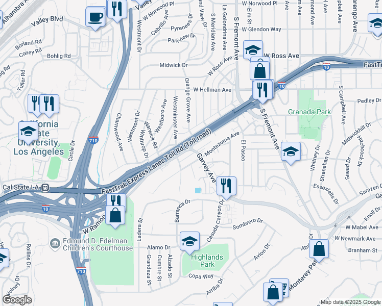 map of restaurants, bars, coffee shops, grocery stores, and more near 2901 Montezuma Avenue in Alhambra