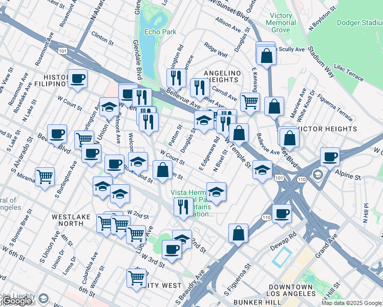 map of restaurants, bars, coffee shops, grocery stores, and more near 1336 West Angelina Street in Los Angeles