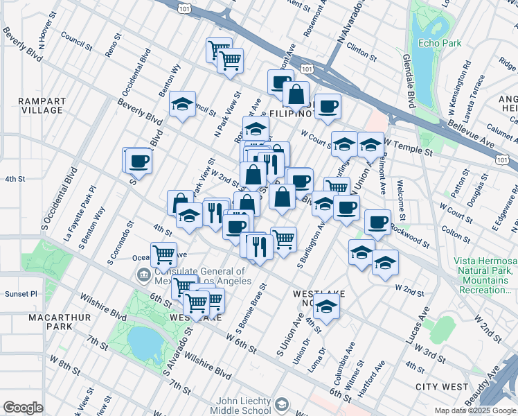 map of restaurants, bars, coffee shops, grocery stores, and more near 152 South Mountain View Avenue in Los Angeles