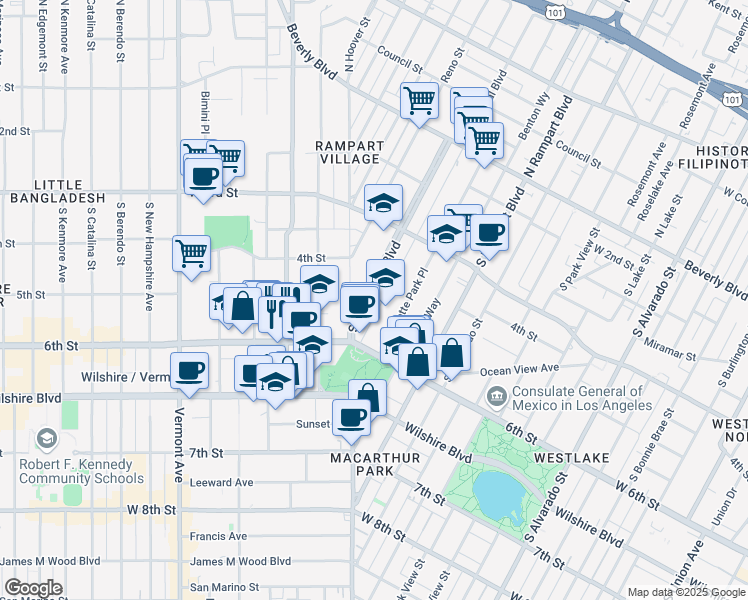 map of restaurants, bars, coffee shops, grocery stores, and more near 435 South Occidental Boulevard in Los Angeles
