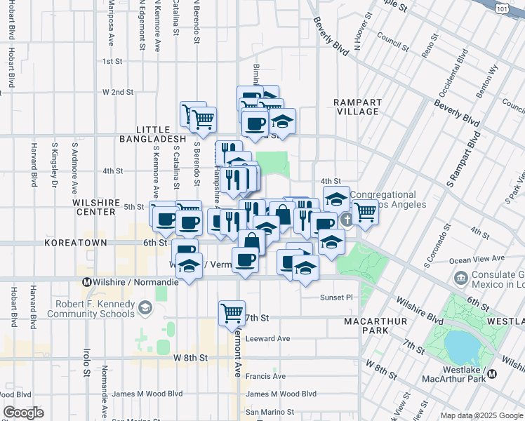 map of restaurants, bars, coffee shops, grocery stores, and more near 3863 West 6th Street in Los Angeles