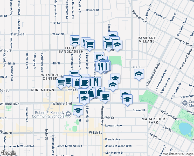 map of restaurants, bars, coffee shops, grocery stores, and more near 512 South New Hampshire Avenue in Los Angeles