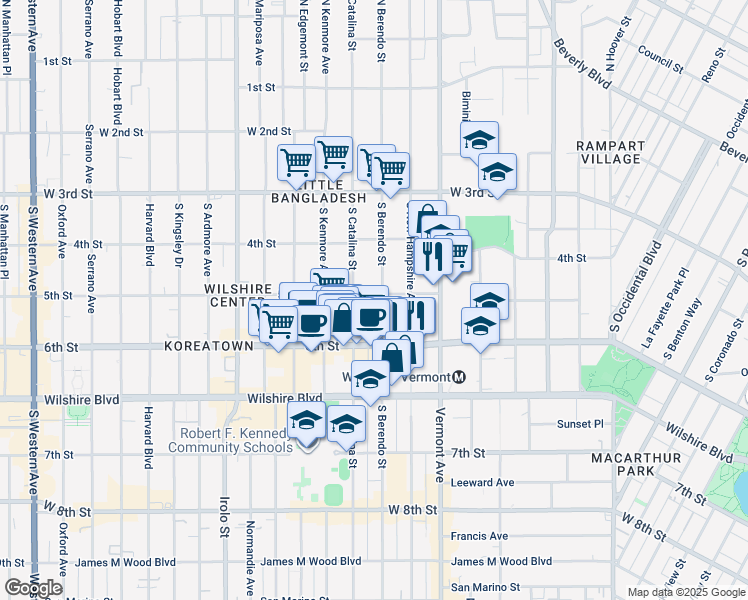 map of restaurants, bars, coffee shops, grocery stores, and more near 501 South Berendo Street in Los Angeles