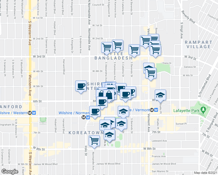 map of restaurants, bars, coffee shops, grocery stores, and more near 510 South Alexandria Avenue in Los Angeles