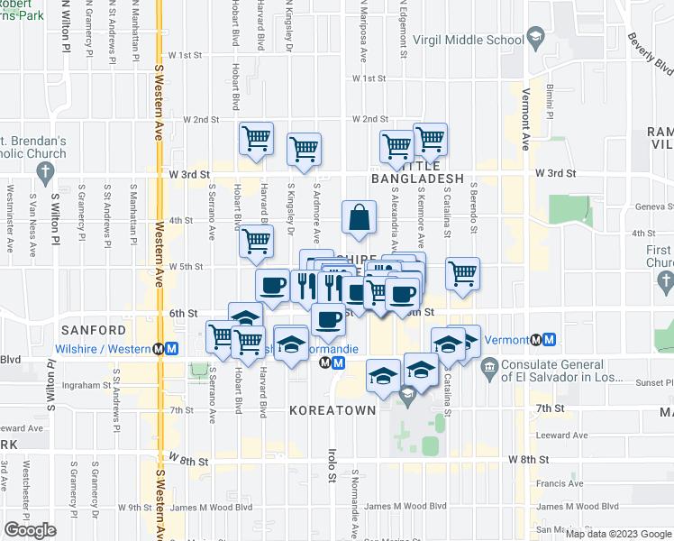 map of restaurants, bars, coffee shops, grocery stores, and more near 542 South Normandie Avenue in Los Angeles