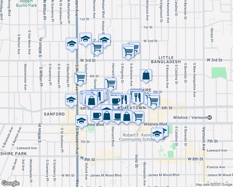 map of restaurants, bars, coffee shops, grocery stores, and more near 514 South Harvard Boulevard in Los Angeles