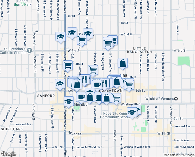 map of restaurants, bars, coffee shops, grocery stores, and more near 514 South Harvard Boulevard in Los Angeles
